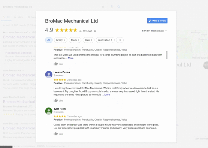 List of Bromac Mechanical's Google Reviews