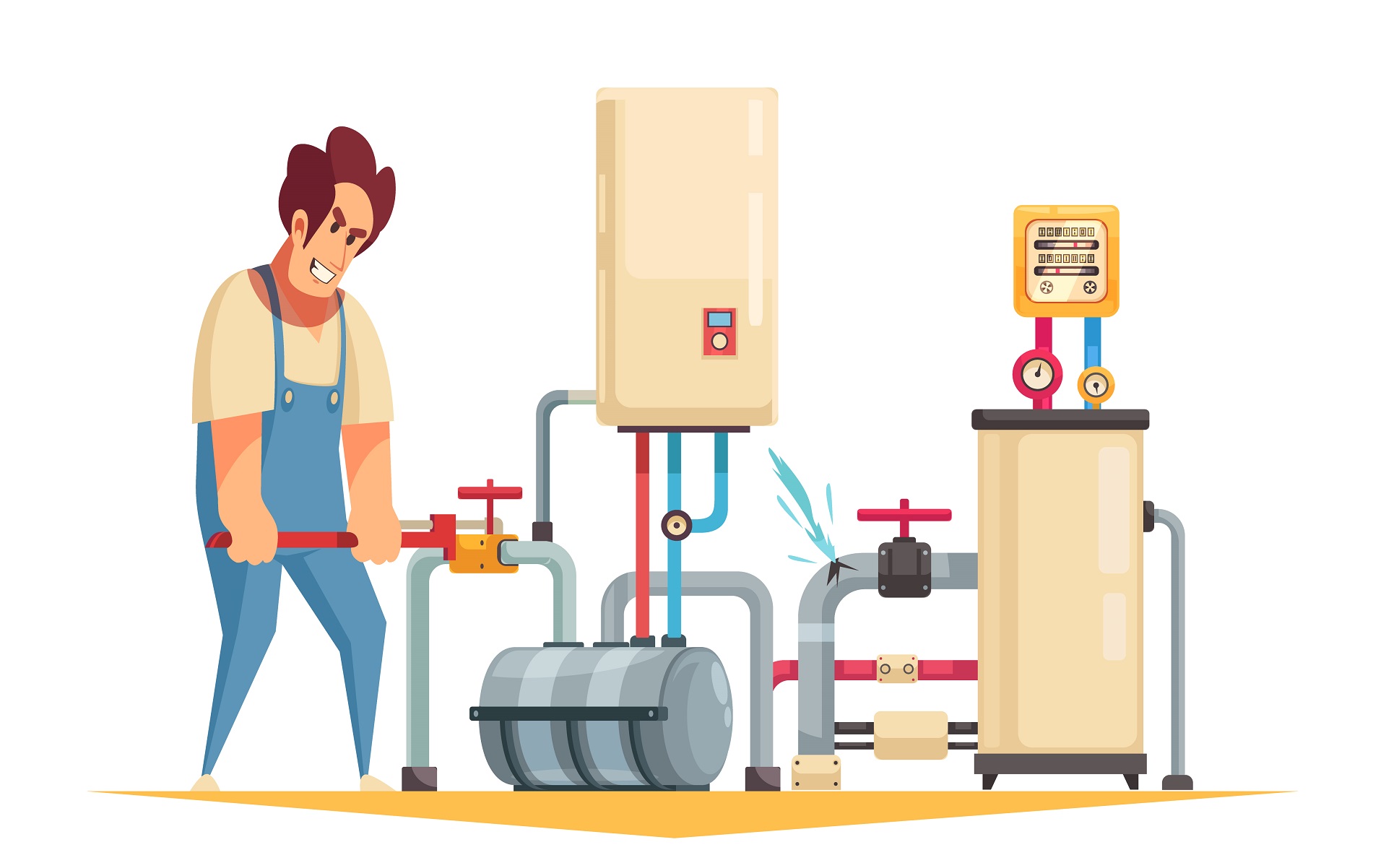 Illustration of a plumber fixing a leak in a plumbing system