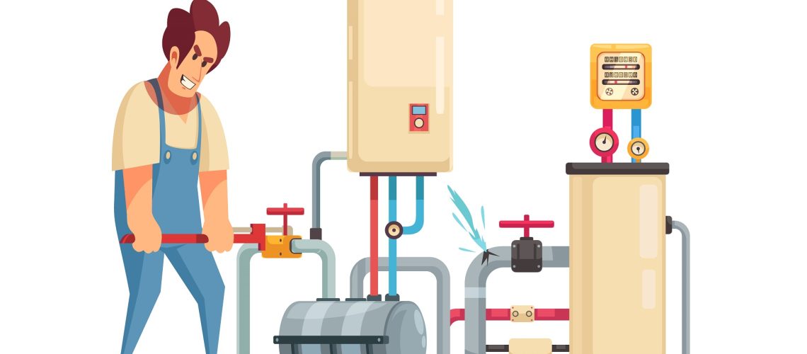 Illustration of a plumber fixing a leak in a plumbing system